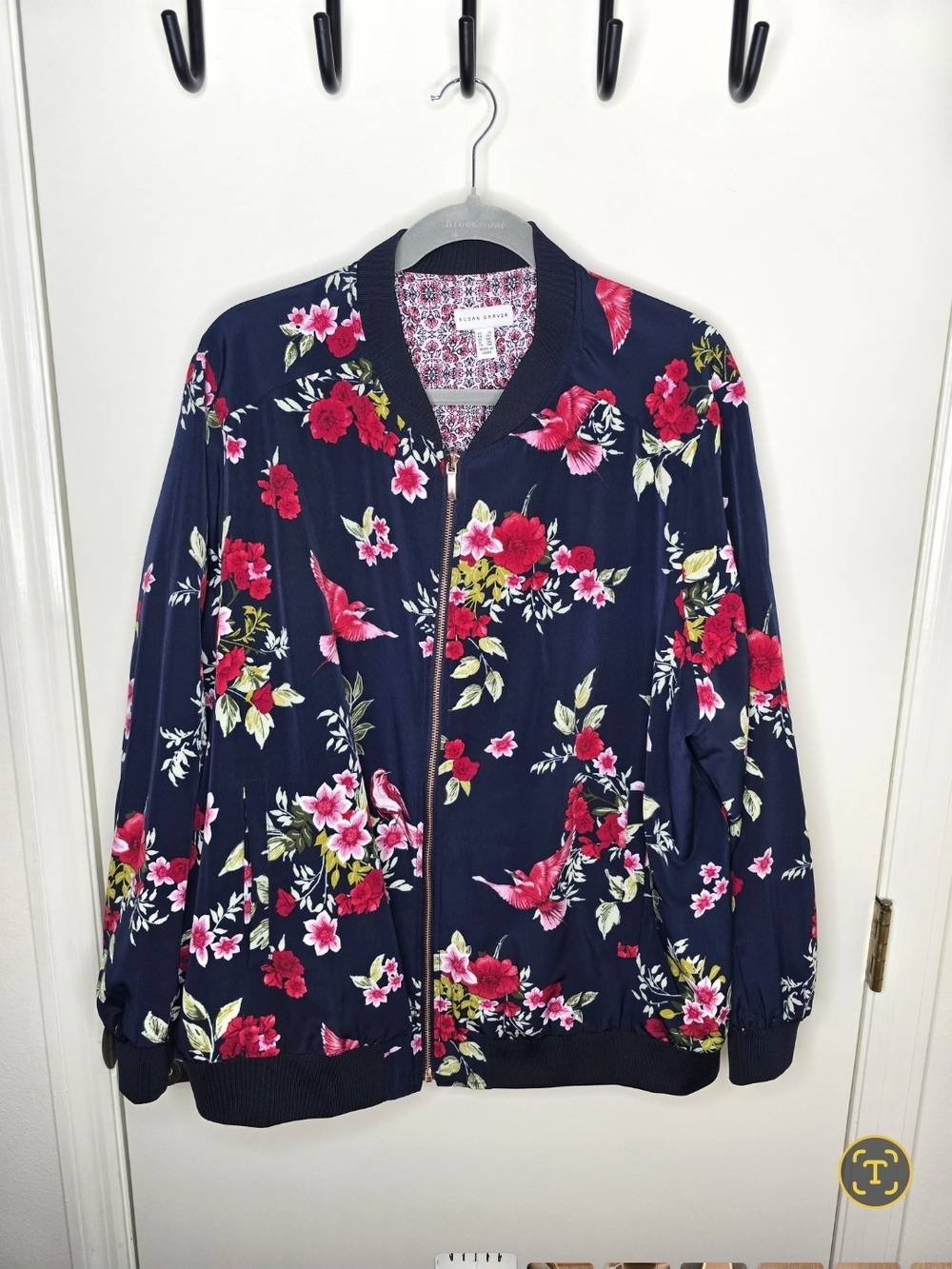 Susan Graver Navy Bomber Jacket with Pink & Red Floral/Bird Print 2X